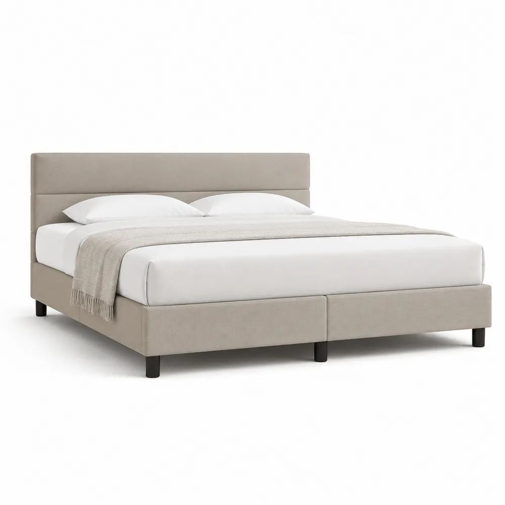 Cadre de lit double rembourré en tissu beige avec tête de lit, pour matelas 160 × 200 cm, dimensions 170 × 215 × 105 cm