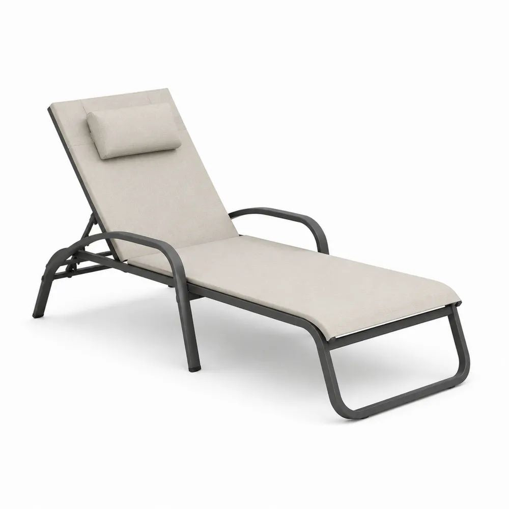 Bain de soleil inclinable en acier thermolaqué anthracite avec matelas et coussin beiges, 194 × 68 × 95 cm