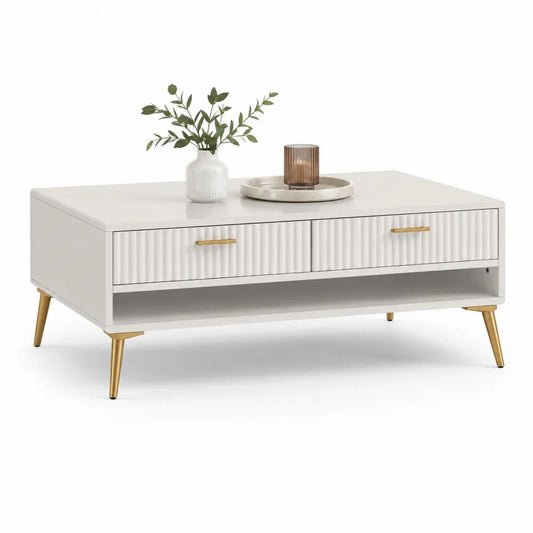 Table basse rectangulaire en MDF blanc et acier doré avec 2 tiroirs et niche ouverte, 100 × 50 × 45 cm