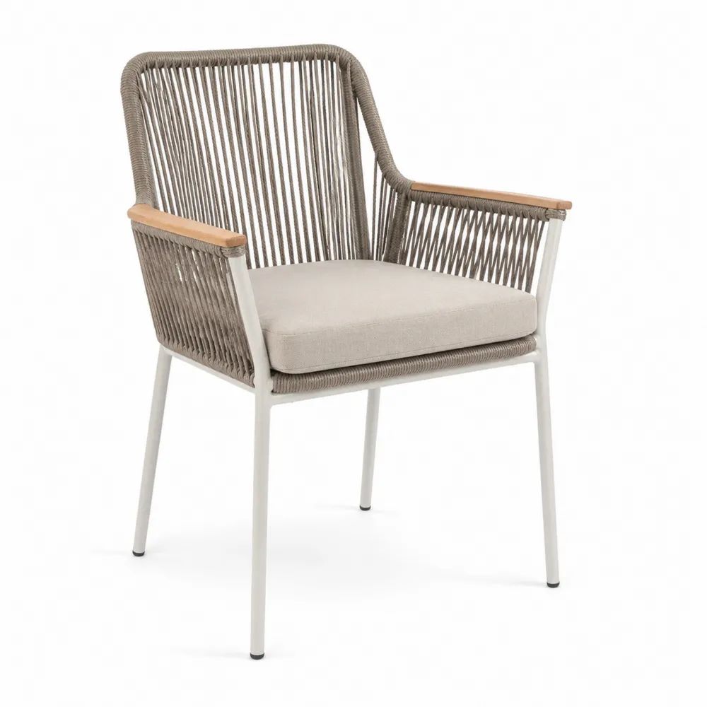 Fauteuil de jardin extérieur avec accoudoirs en aluminium, corde tressée taupe et coussin beige, 62 x 66 x 86 cm