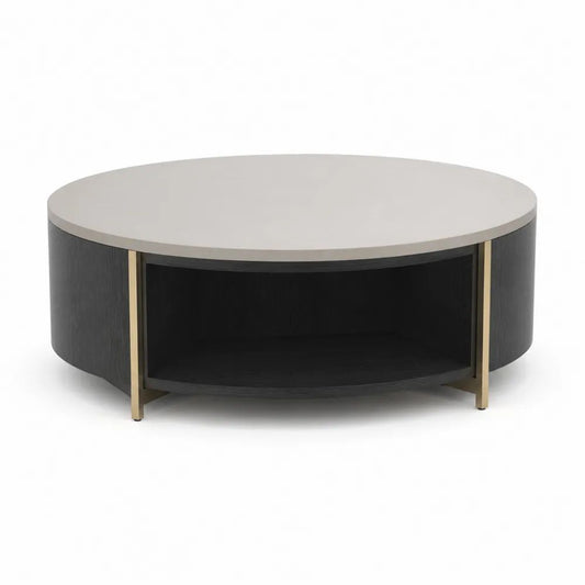 Table basse ronde avec rangement en MDF plaqué frêne noir, plateau beige et pieds en acier doré, Ø 90 × H 40 cm
