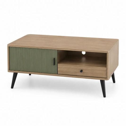 Table basse rectangulaire avec rangement en panneaux de particules et MDF, effet chêne naturel, vert olive et noir, 100 × 50 × 50 cm