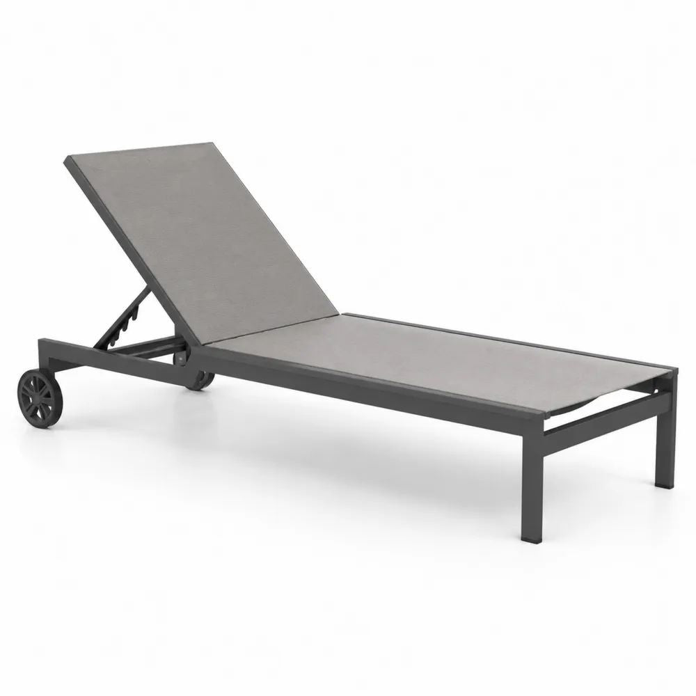 Bain de soleil extérieur inclinable en aluminium et tissu avec roues, gris et anthracite, 198 × 60 × 35 cm